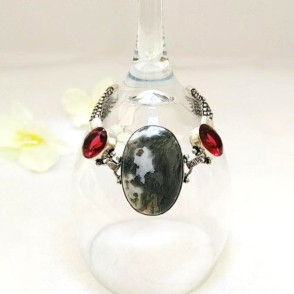 Moss Agate Garnet (br17) Bracelet Green Red Natural Gems 925 Silver Toggle 7"-8" - Picture 2 of 11